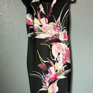 7th Avenue Black Midi Dress with Pink Floral Design